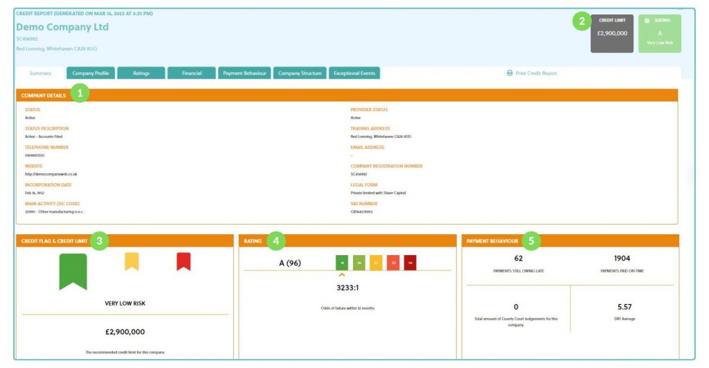 The first page of a business credit report